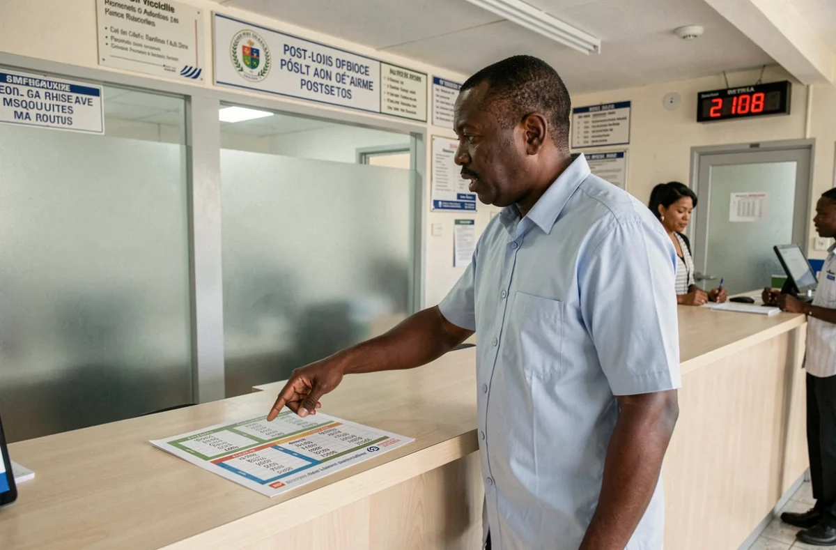Homme consultant un annuaire de codes postaux au guichet d'un bureau de poste à Port-Louis, Île Maurice