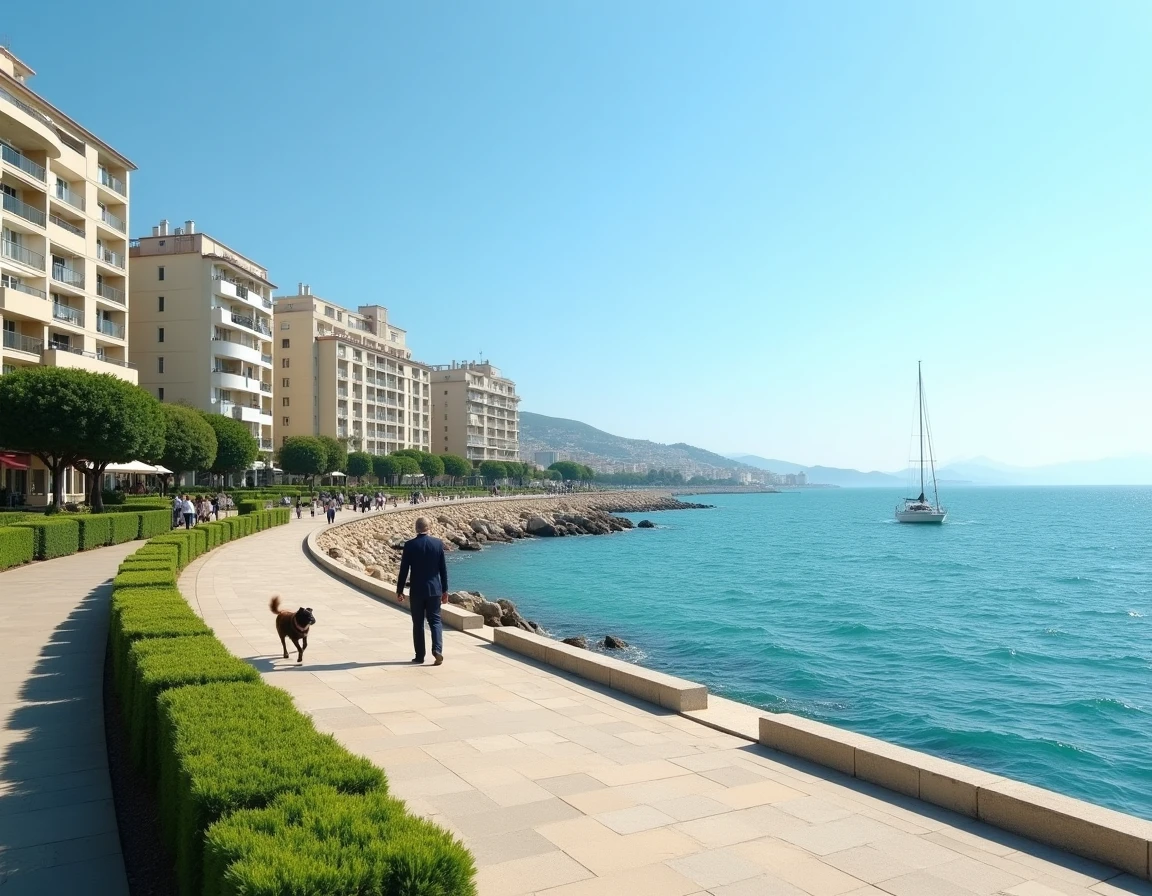 Promenade de la Corniche à Marseille avec immeubles cossus, mer turquoise et habitants aisés se promenant au bord de l'eau
