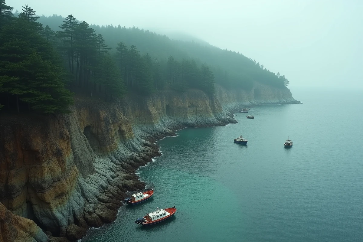 Côte pacifique sauvage de la région Tohoku au Japon avec falaises rocheuses, forêts de pins et bateaux de pêcheurs dans un petit port naturel