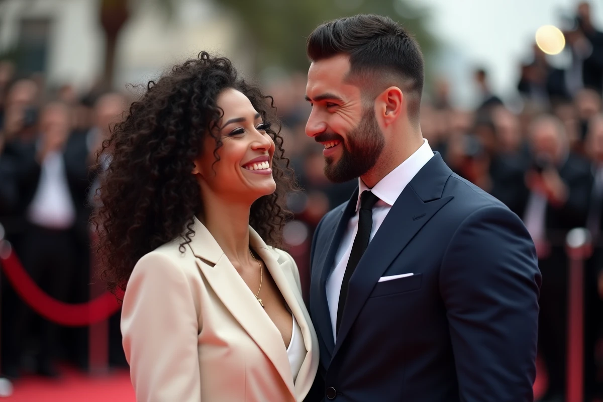 Couple élégant sur un tapis rouge lors d'un événement médiatique, illustrant la relation publique entre Anne Sila et David Kammenos