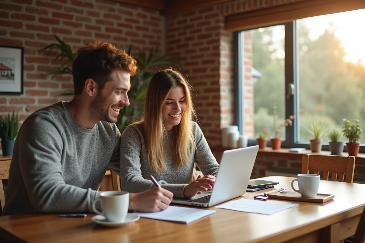 Jeune couple regardant un ordinateur avec des notes et tasses