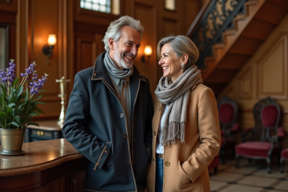 Couple souriant devant la réception d'un hôtel à Lille