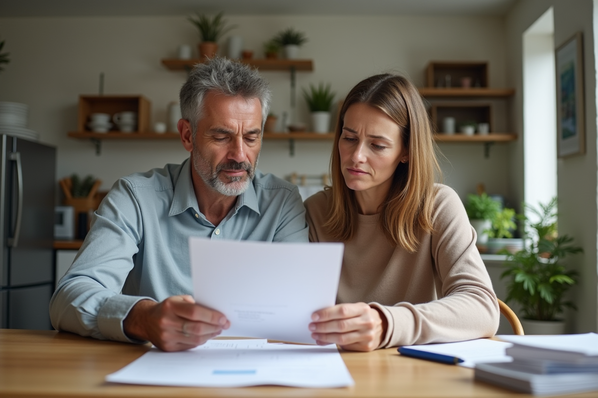 Couple d'âge moyen examinant des documents de prêt immobilier