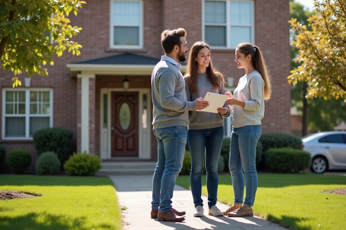 Jeune couple discutant devant maison en banlieue