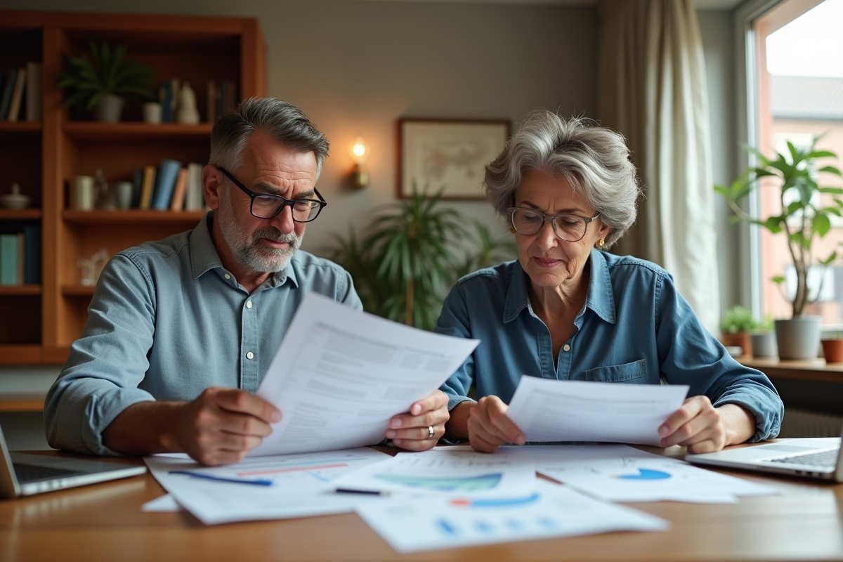 Couple discutant de documents immobiliers à la maison