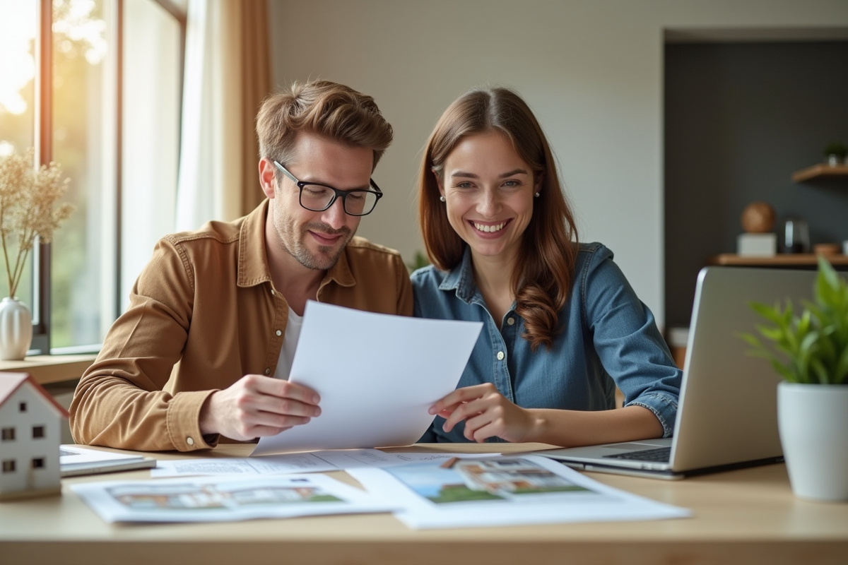 Couple dans un salon moderne examinant des documents