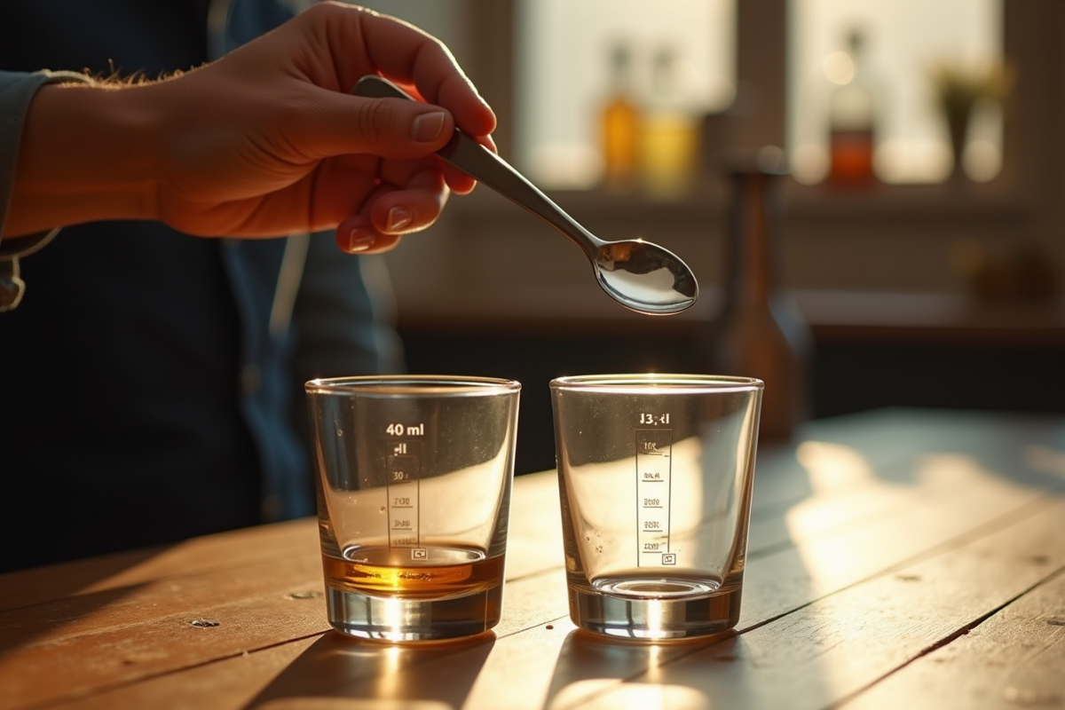 Main tenant une cuillère à mesurer au-dessus de deux verres avec marques de mesure en bois