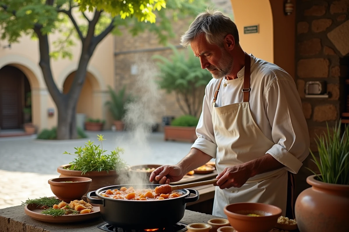 Cuisinier servant un plat traditionnel mijoté lors d'une fête gastronomique de village en plein air