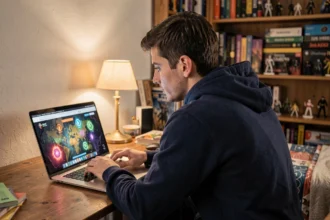 Jeune homme concentré devant un site de guide Dofus sur son ordinateur portable dans une chambre gaming