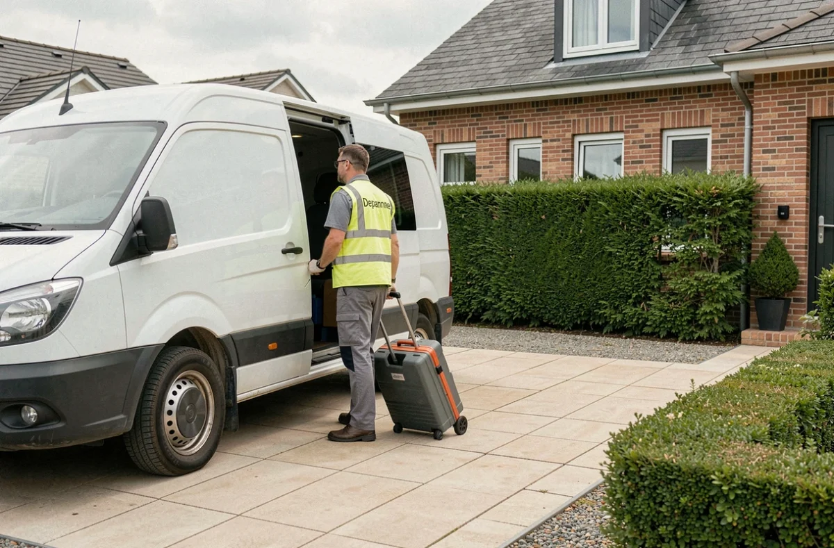 Technicien Depanneo Essonne arrivant en urgence à domicile avec sa camionnette de service et sa caisse à outils