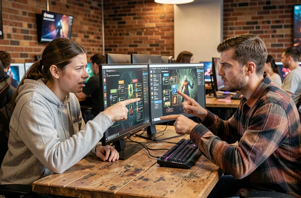 Deux joueurs en train de débattre des erreurs de build Path of Exile 2 devant un double écran dans un café gaming