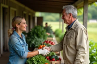 Deux agriculteurs échangeant des produits lors d'un marché rural dans le cadre d'une agriculture durable et conviviale