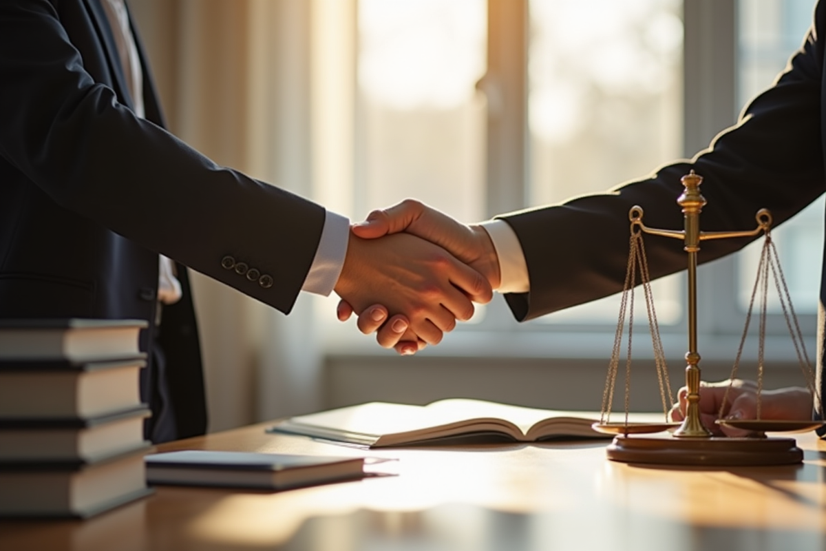 Deux personnes se serrant la main dans un bureau avec livres de droit