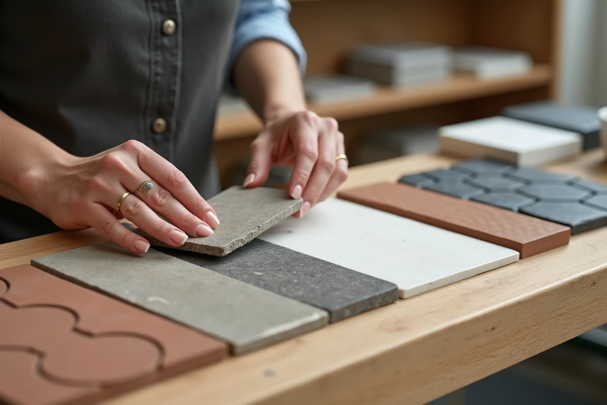 Sélection de différents échantillons de carreaux disposés dans un showroom pour comparer les matières et les finitions