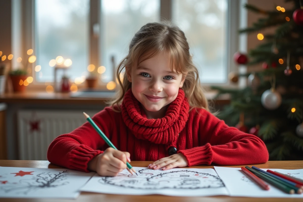 Jeune fille souriante dessinant une scene de Noel avec des crayons
