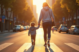 Enfant et parent traversant prudemment une rue en ville