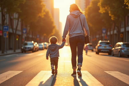 Enfant et parent traversant prudemment une rue en ville
