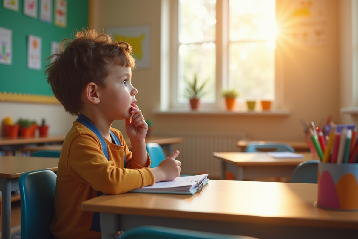 Enfant pensif assis seul à son bureau en classe lumineuse