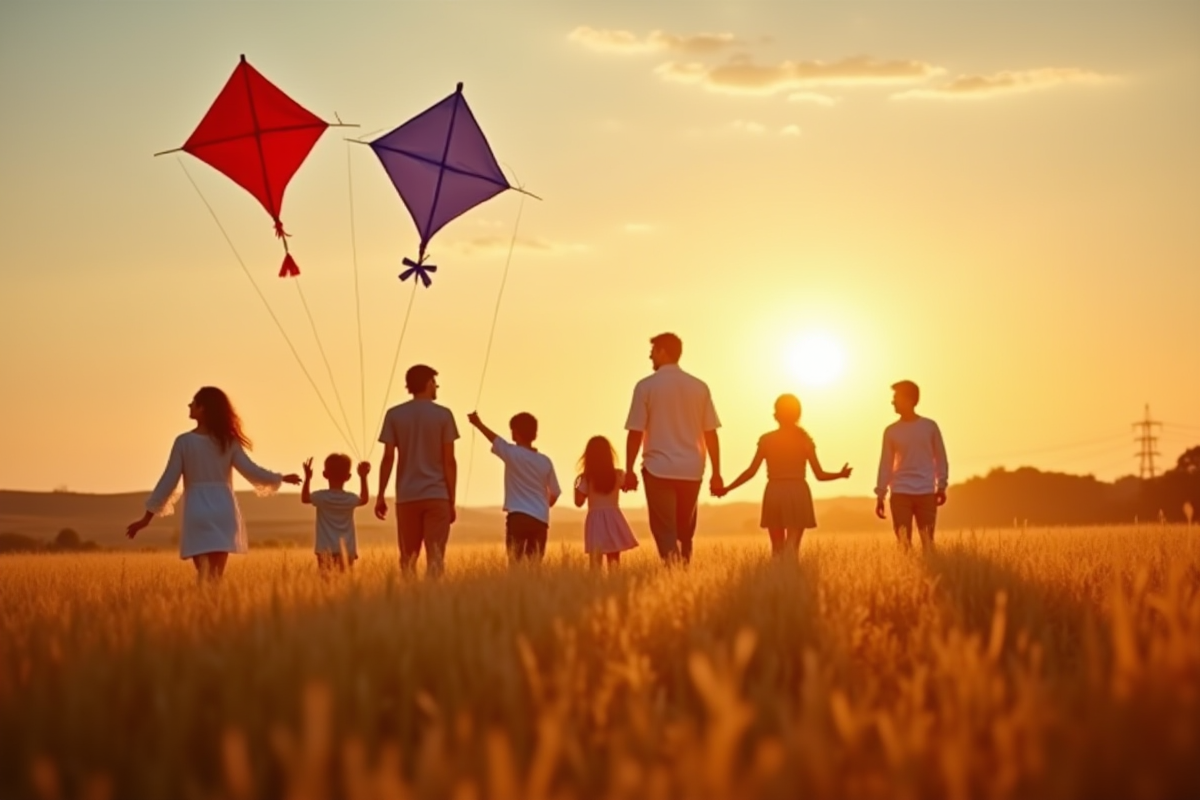 Enfants faisant voler un cerf-volant au coucher du soleil