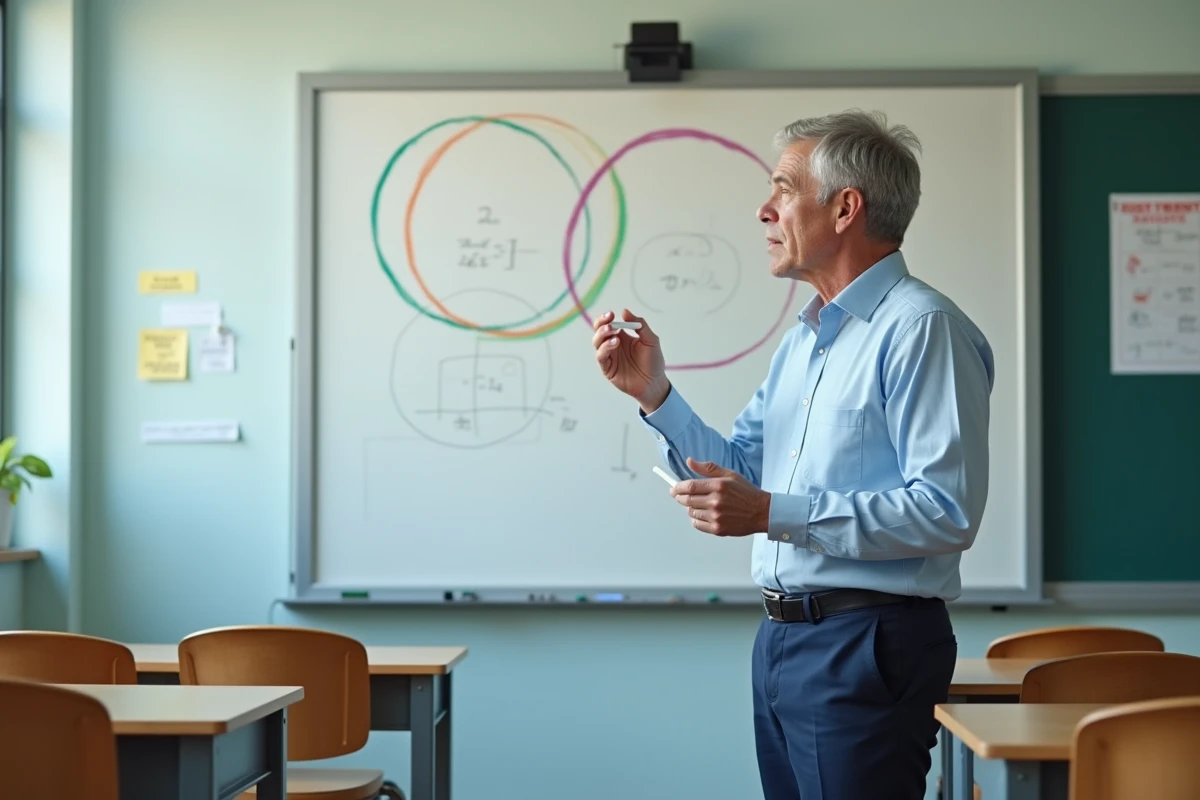Professeur de maths devant tableau avec cercles colorés