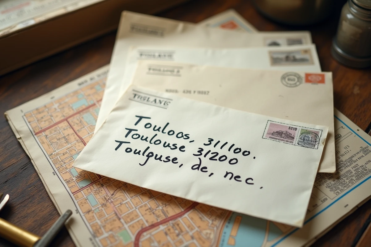 Enveloppes adressées à différents quartiers de Toulouse avec leurs codes postaux visibles, posées sur un bureau en bois avec une carte de la ville