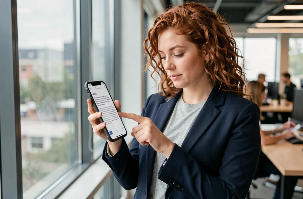 Jeune professionnelle utilisant Epsylon Scan sur smartphone dans un espace de coworking pour optimiser la lecture de documents numérisés
