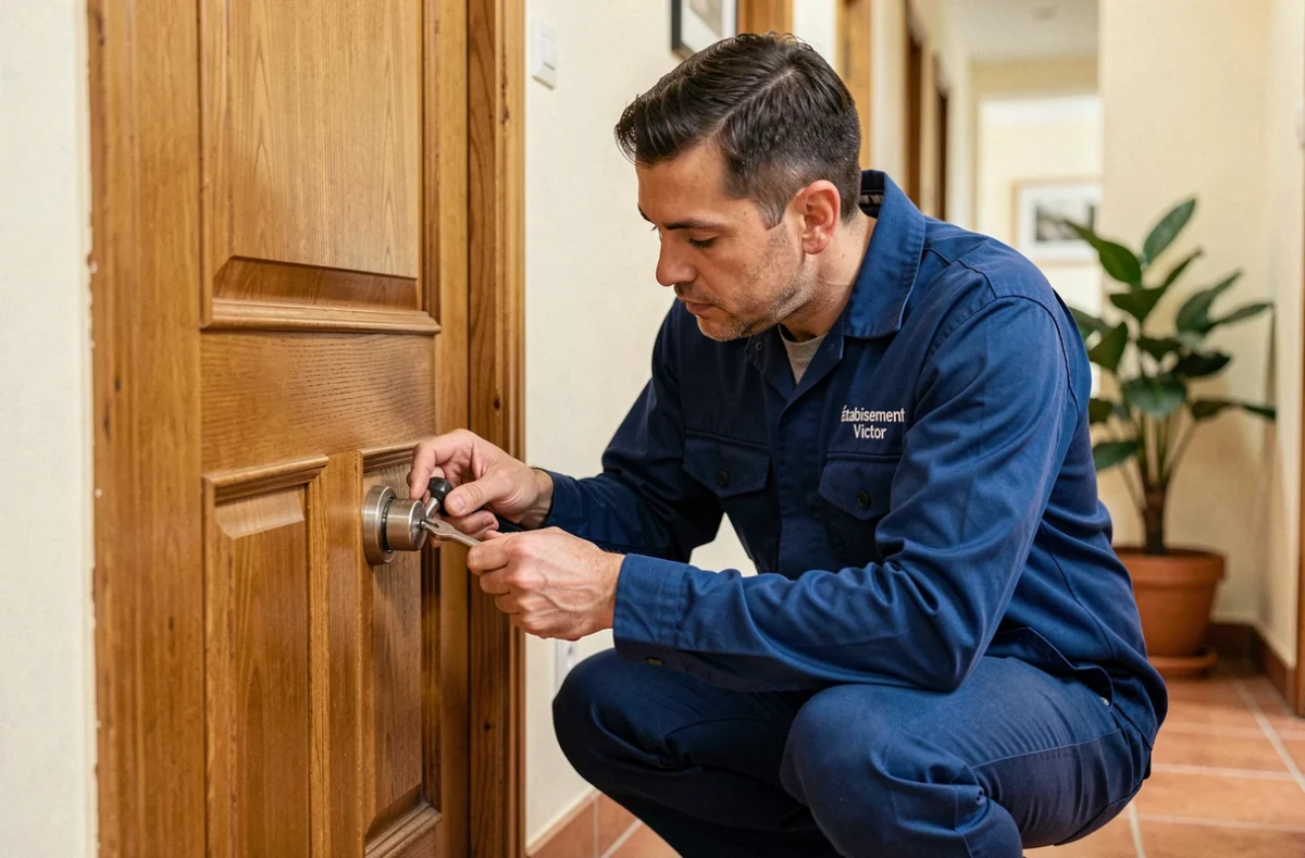 Technicien de l'Établissement Victor en train de changer un cylindre de serrure dans un couloir d'immeuble résidentiel