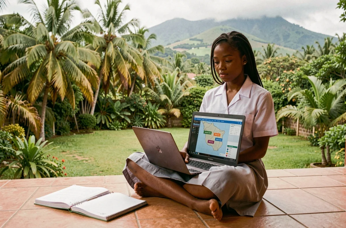 Étudiante mauricienne recherchant un code postal de l'Île Maurice sur son ordinateur portable depuis une véranda avec vue sur la végétation tropicale