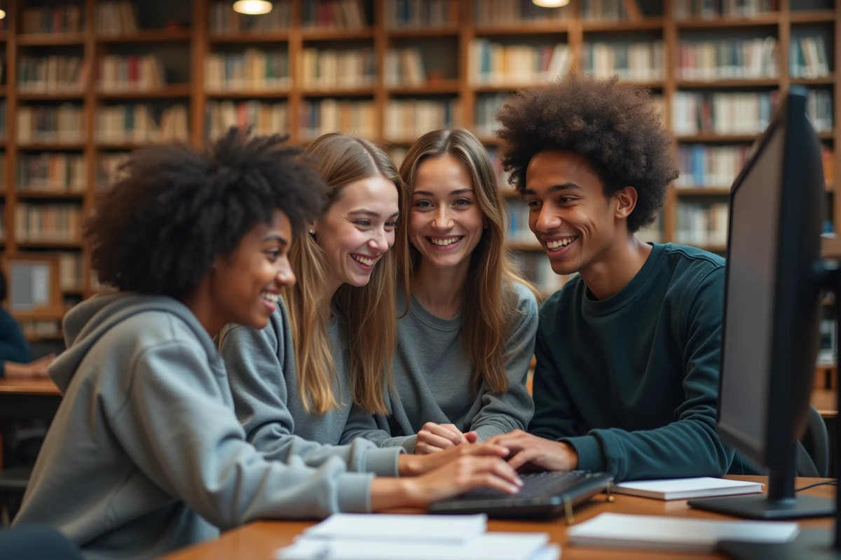 Groupe d'étudiants collaborant autour d'un quiz en ligne sur une encyclopédie collaborative dans une bibliothèque universitaire