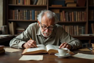Vieil érudit consultant un dictionnaire étymologique ancien dans une bibliothèque personnelle encombrée de livres