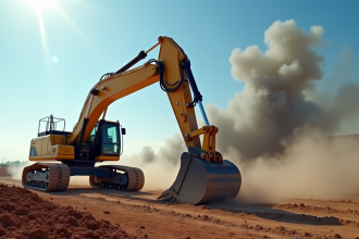 Excavatrice en action sur un chantier poussiereux avec pollution