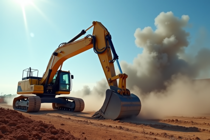 Excavatrice en action sur un chantier poussiereux avec pollution