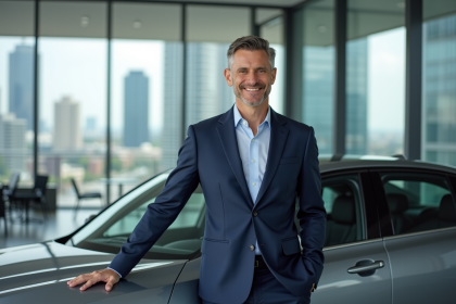 Homme d'affaires automobile en costume bleu à côté d'une voiture haut de gamme