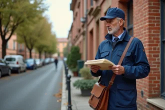 Facteur triant le courrier devant un immeuble en briques roses typique de Toulouse, illustrant les codes postaux des quartiers toulousains
