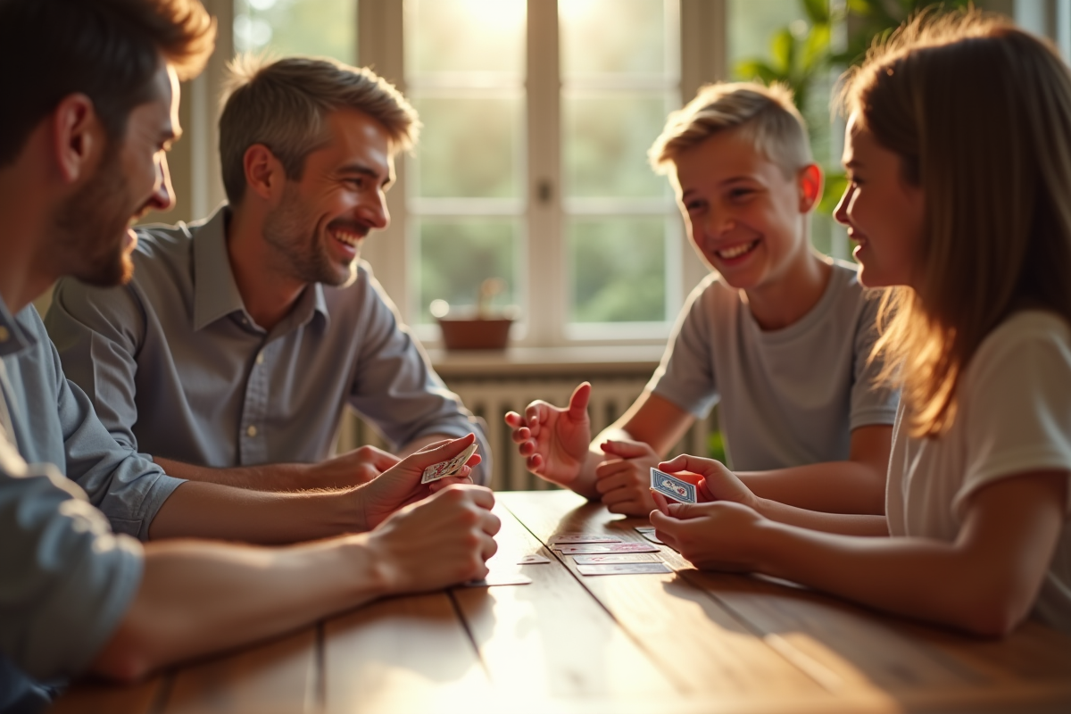 Famille heureuse jouant aux cartes à la maison