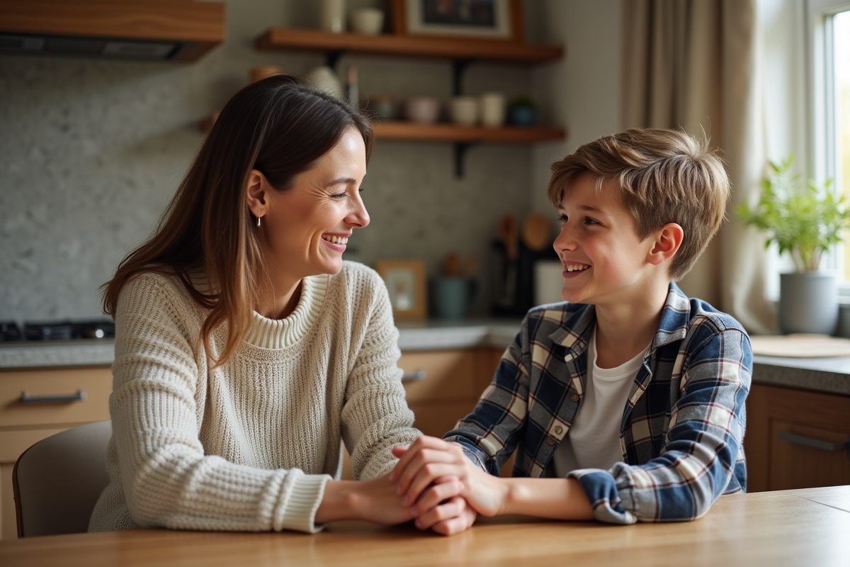 Famille recomposée autour d'une table de cuisine chaleureuse