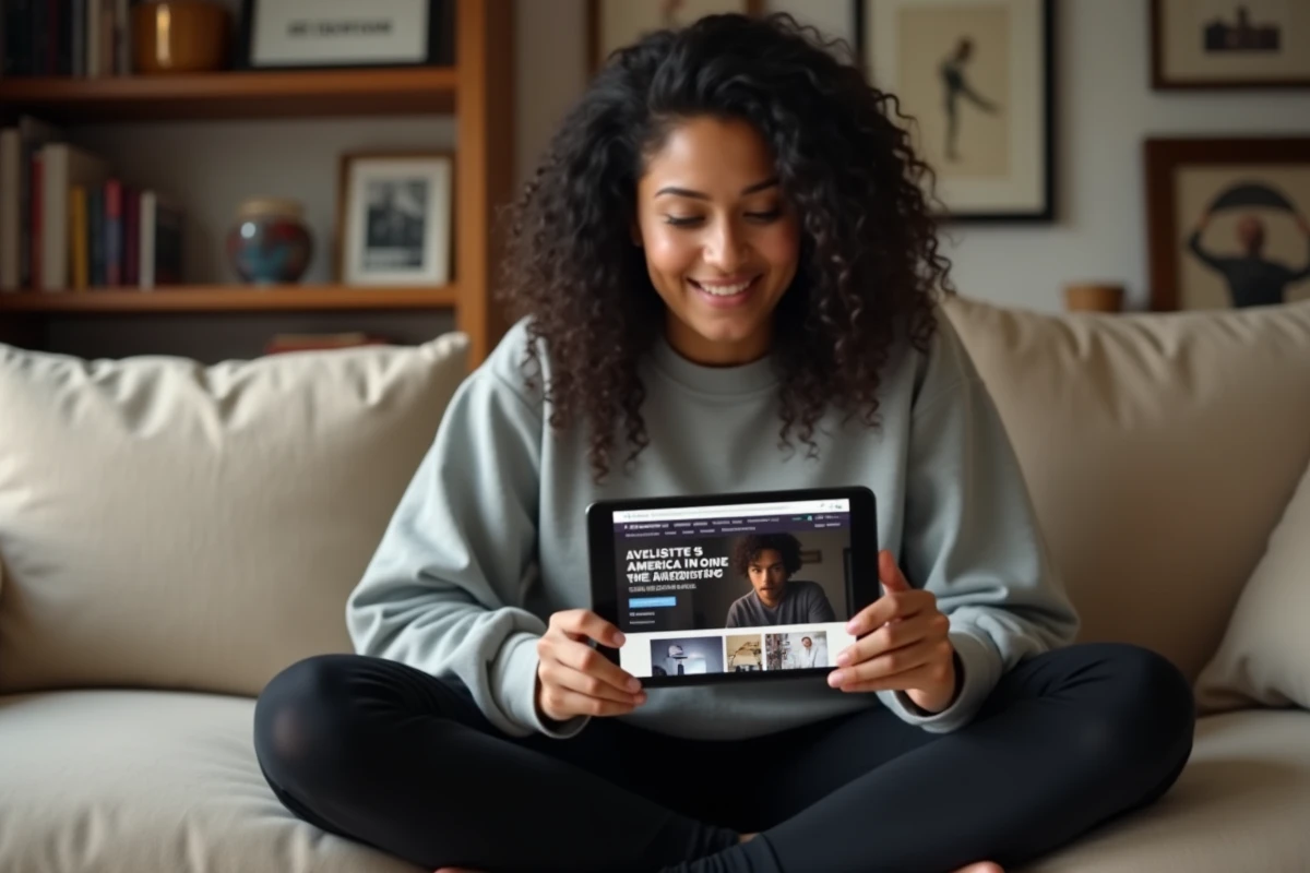 Jeune femme fan parcourant le site kellanlutz.fr sur une tablette depuis son salon