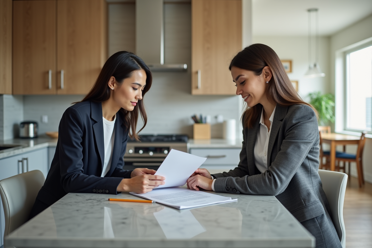 Jeune femme acheteuse examine des documents dans une cuisine moderne