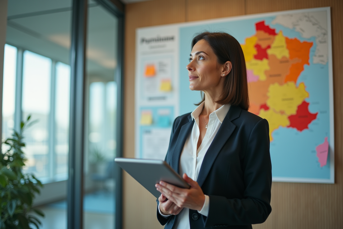 Femme d affaires regardant une carte de France avec notes