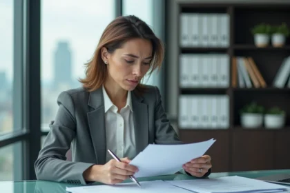 Femme d'affaires en costume gris examine des factures en retard