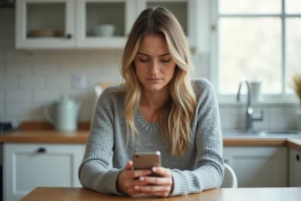 Femme consultant son smartphone avec une expression interrogative après avoir reçu un appel du numéro 0424