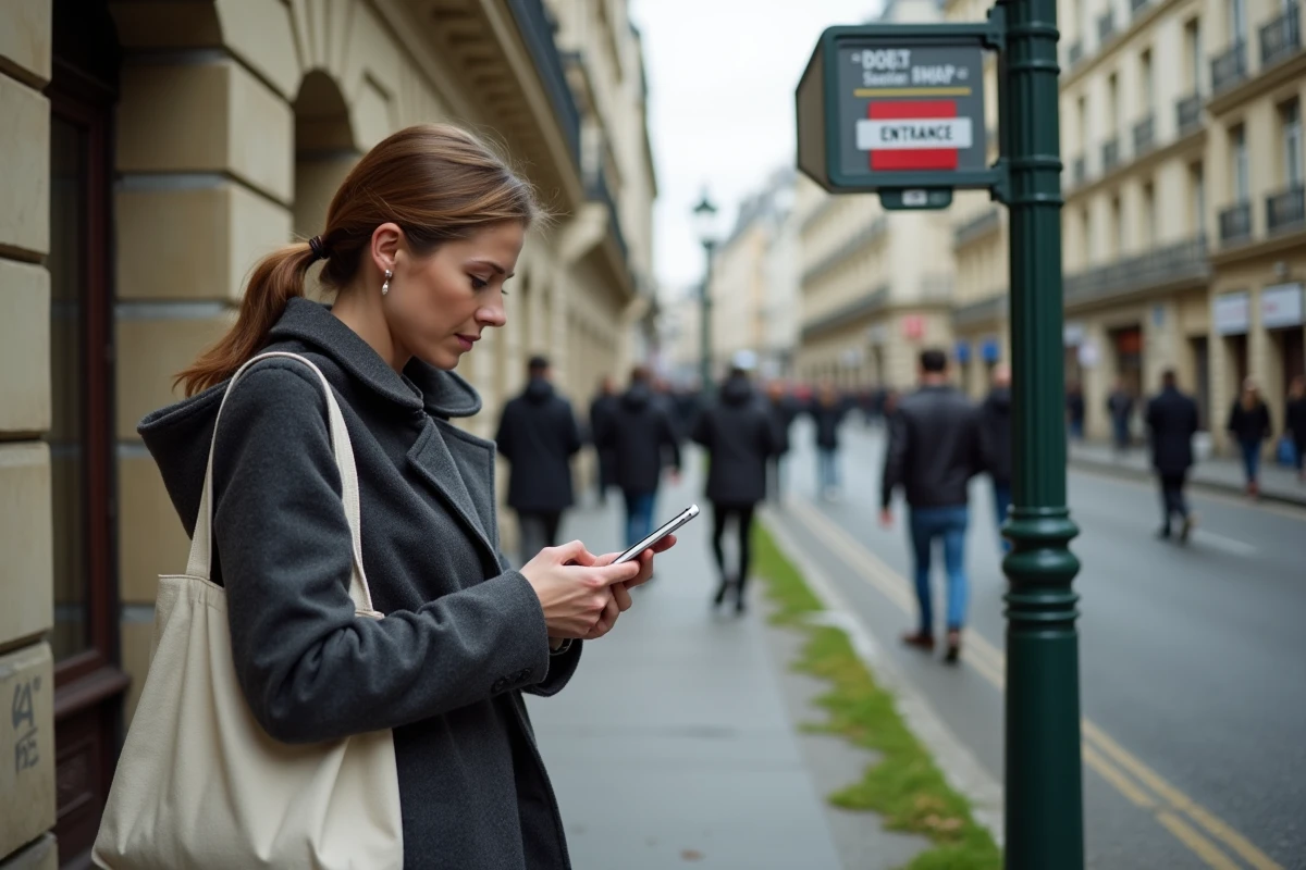 Femme naviguant sur une application RER hors connexion devant une entrée de gare à Paris