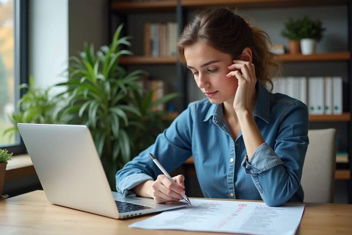 Jeune femme en bureau à domicile avec liste bilingue de capitales