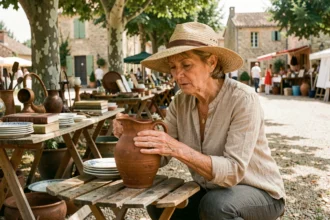 Femme inspectant une cruche en faïence ancienne sur un étal de brocante en plein air en Aveyron