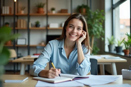 Femme concentrée au bureau dans un espace moderne