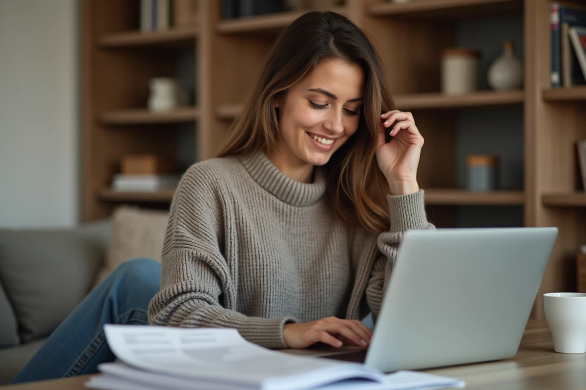 Femme travaillant sur son ordinateur dans un intérieur cosy