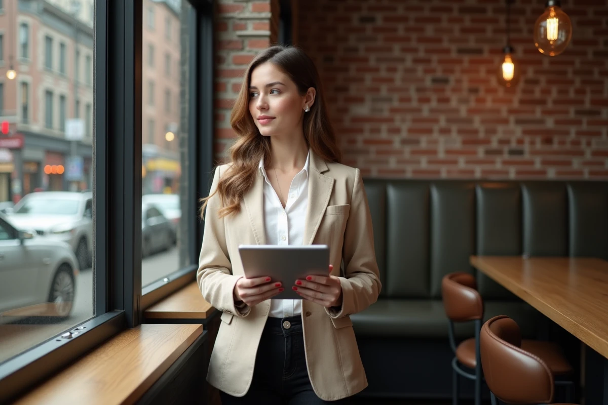 Femme confiante dans un café urbain avec tablette