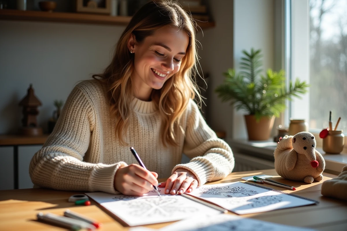 Femme créant des cartes de Noel avec des coloriages festifs