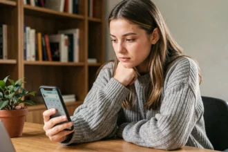 Jeune femme concentrée cherchant la solution du jeu Pédantix sur son smartphone à son bureau
