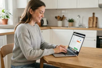Jeune femme utilisant un code promo Pixmania sur son ordinateur portable dans une cuisine moderne